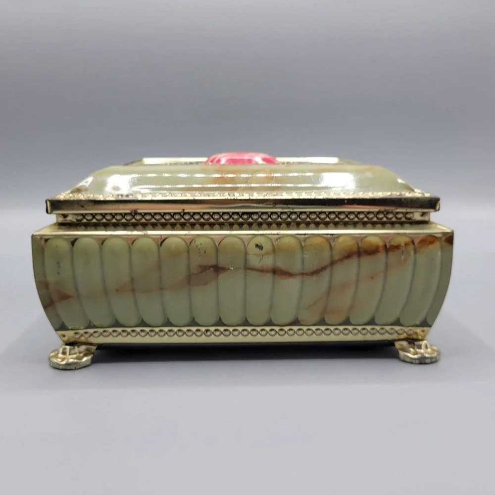 Vtg Footed Tea Tin Box Pink Faux Marble Jewelry Trinket Box Shelf Decor AS IS